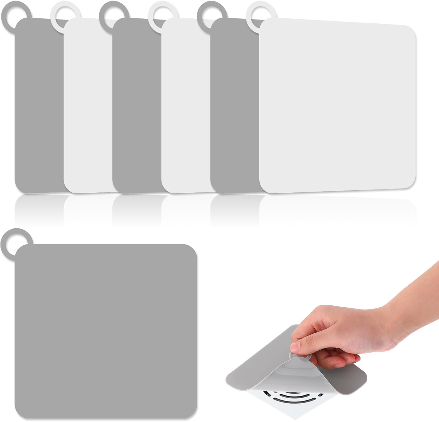 Drain Cover, 6 PCS Silicone Shower Drain Cover Square Bathtub Stopper Multifunctional Floor Drain Covers Anti-Blocking Sink Covers for Laundr Kitchen Bathroom Grey, White, 5.9 x 5.9 Inch