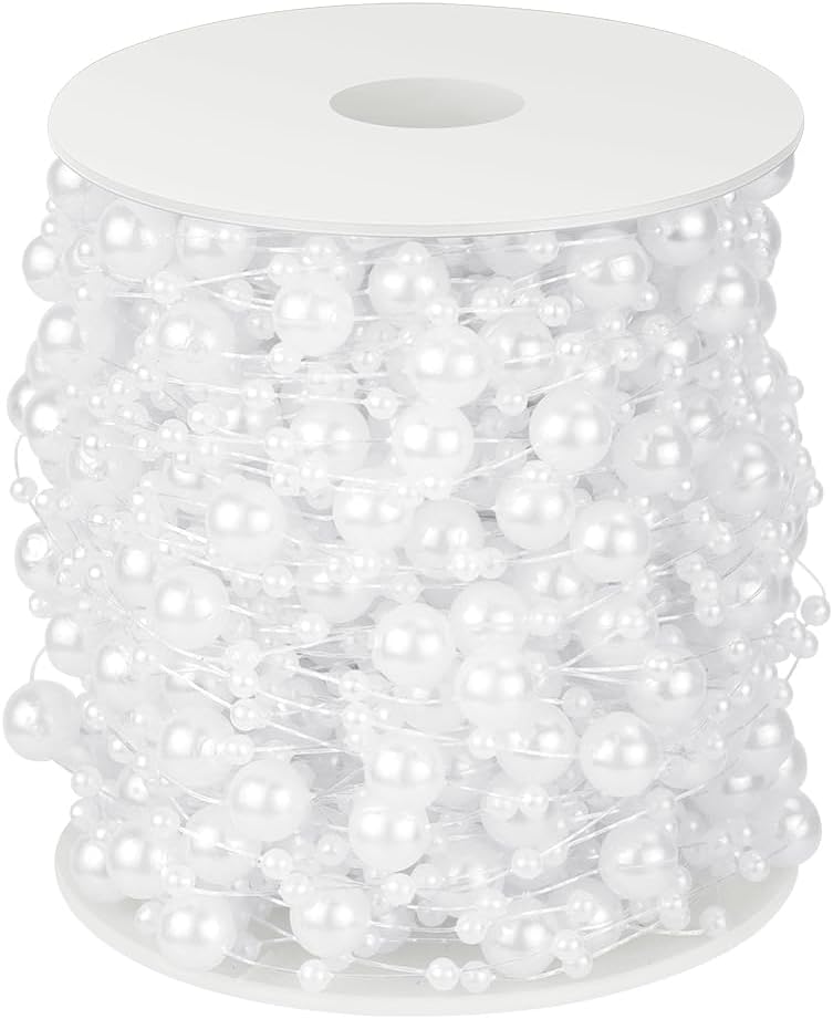100 Feet Faux Pearls String Beads Fishing Line Artificial Decoration Pearl Strand Roll Beaded for Wedding Valentine Decoration DIY Accessories Party Supplies White