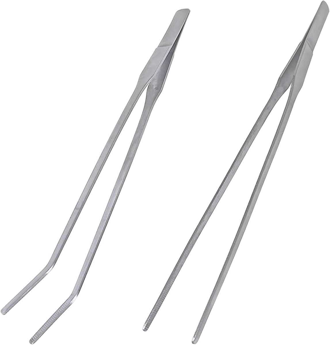 2 Pcs Feeding Tongs, Aquarium Tweezers Stainless Steel Straight and Curved Tweezers Set 27cm/10.6 inches Aquascaping Tools for Hold Worms, Reptiles, Lizards, Bearded Dragon Silver
