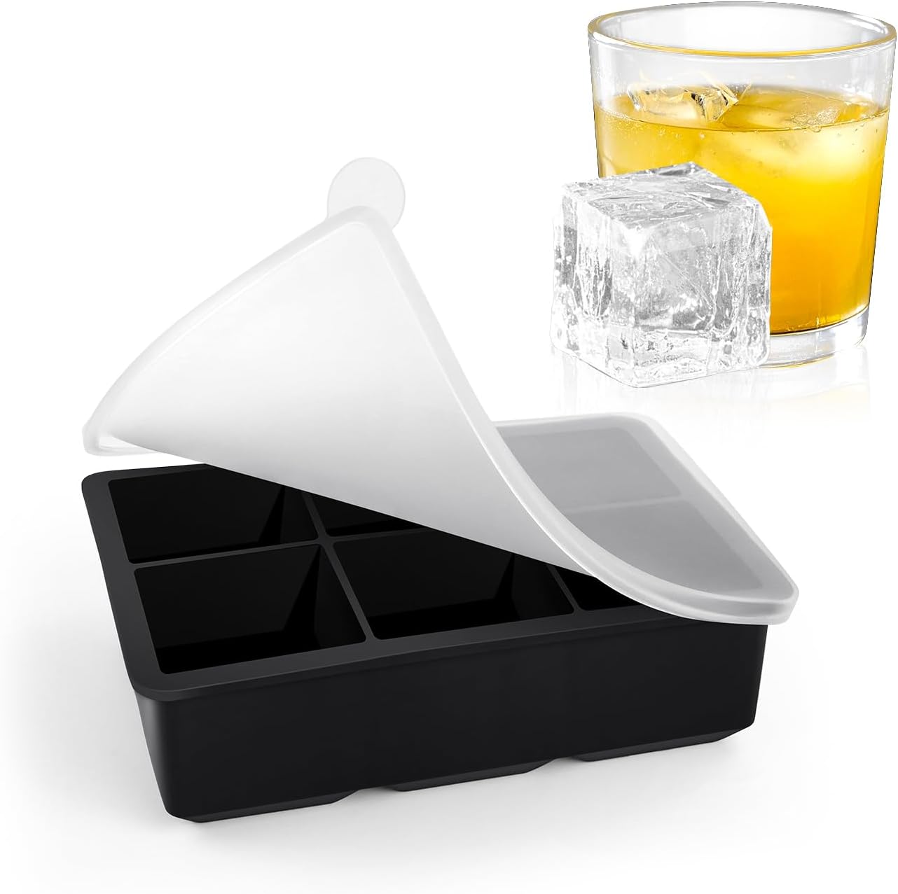 Large Ice Cube Tray with Lids, Big Square Silicone Freezer Mold, 2inch Huge Cubed Ice Maker for Whiskey, Cocktail, Freezing Broth, Rice, Leftovers and More 1-Pack 6 Cavities