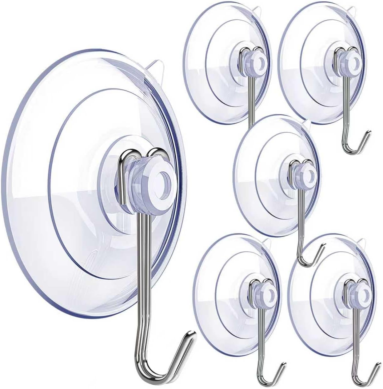 Suction Cup Hooks,6 PCS Clear Suction Cup for Glass Window Decor Shower Bathroom Glass Window Shower Kitchen, Reusable PVC Cups with Removable Stainless Hooks, Assorted 6