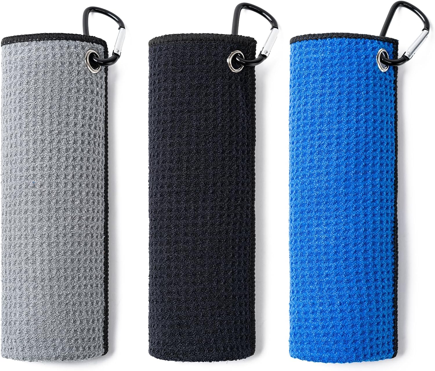 3 Pack Golf Towels 16" X 16" with Carabiner Clip,Microfiber Fabric Waffle Pattern Towels for Golf Bags,Tri-Fold Portable Towels for Men Women,Blue/Black/Gray
