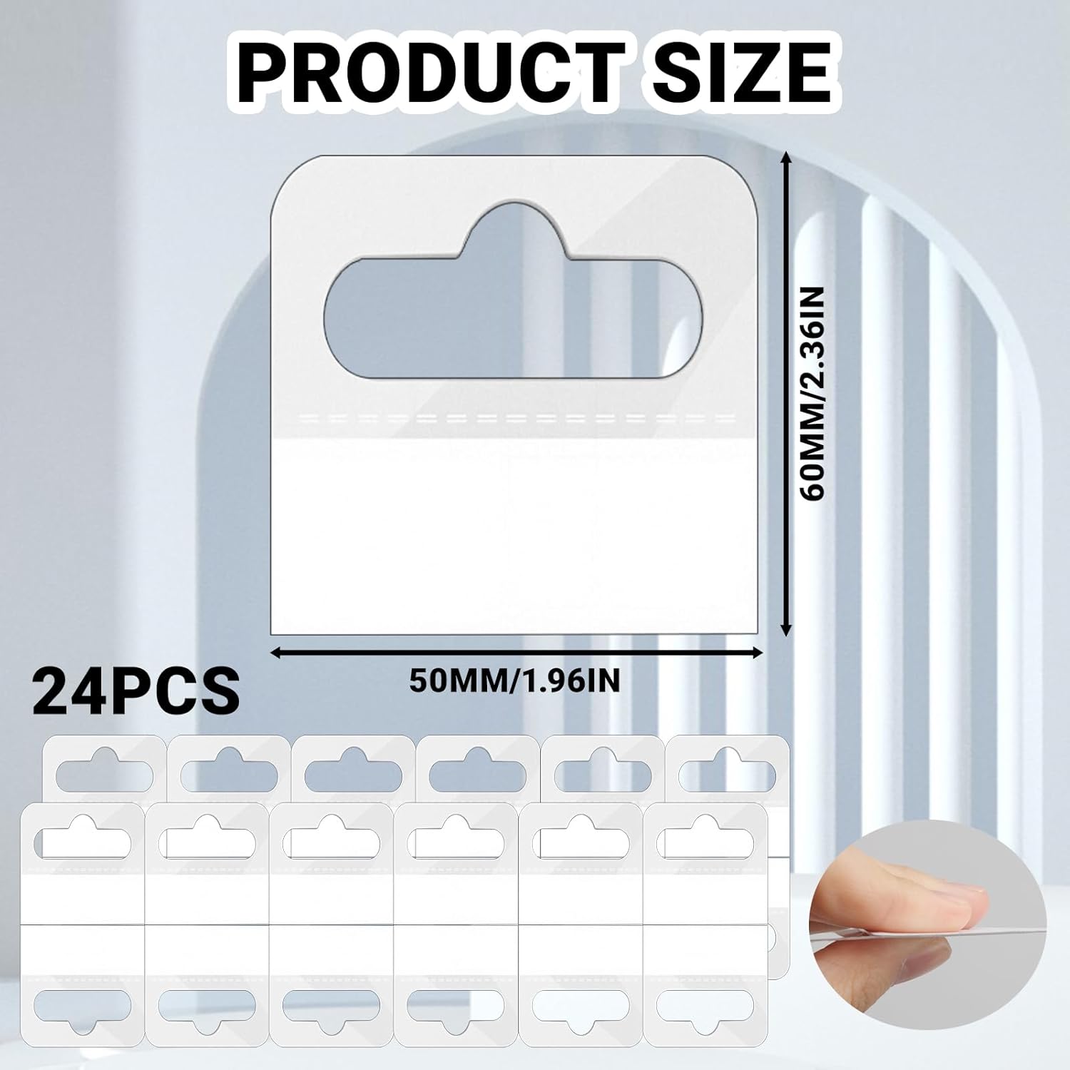 24-Pack Plastic Hang Tags - Clear Slot Hole Self Adhesive Hanging Tabs - Heavy Duty Clear Plastic Hang Tags Hook for Store Retail Display Tab,2''* 2.4''