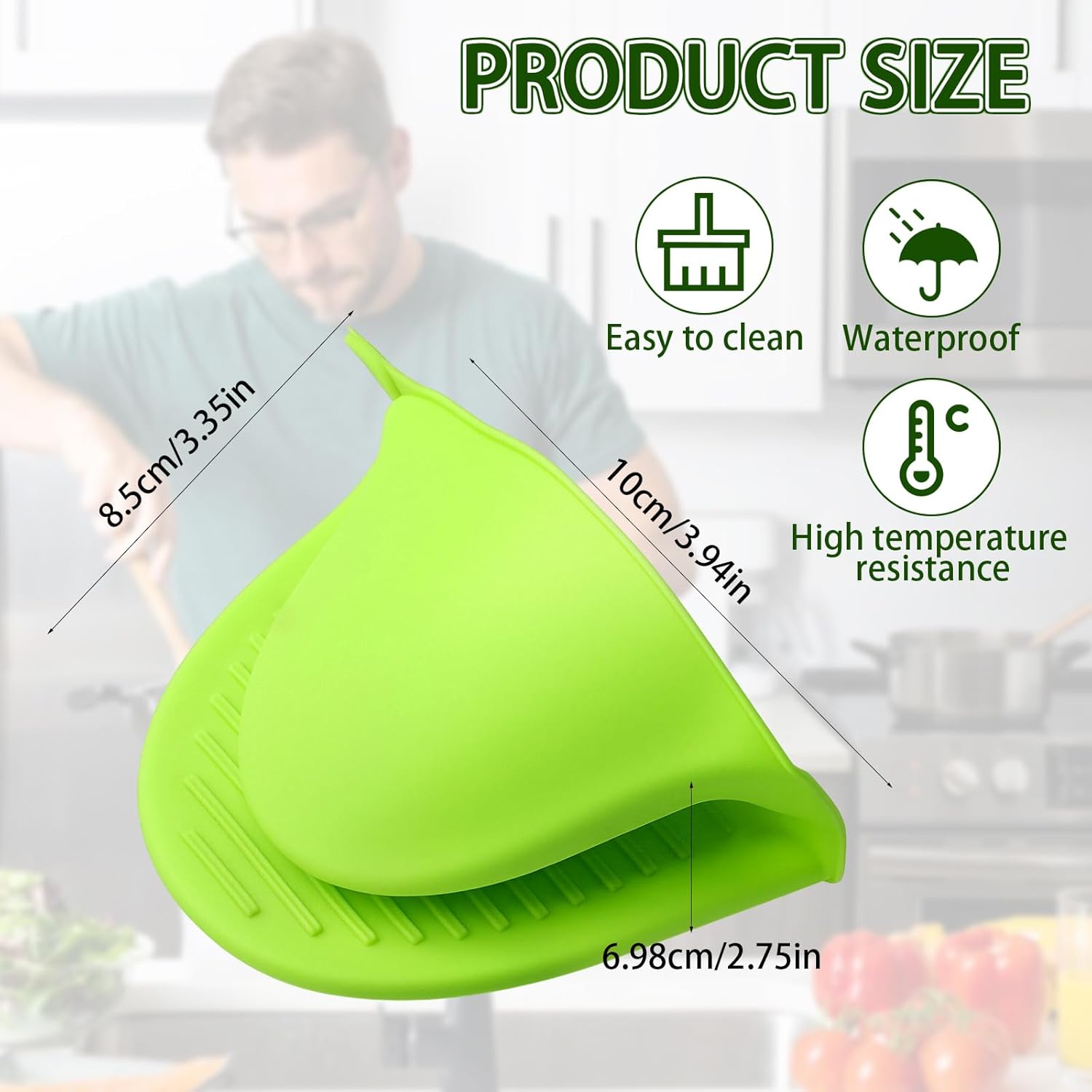 2PCS Silicone Oven Mitts - Heat Resistant Thick Potholders for Kitchen - Non-Slip Rubber Oven Glove Kitchen Mittens - Cute Pot Holders for Grill, Pizza Stone, Air Fryer, Dishwasher Safe Green