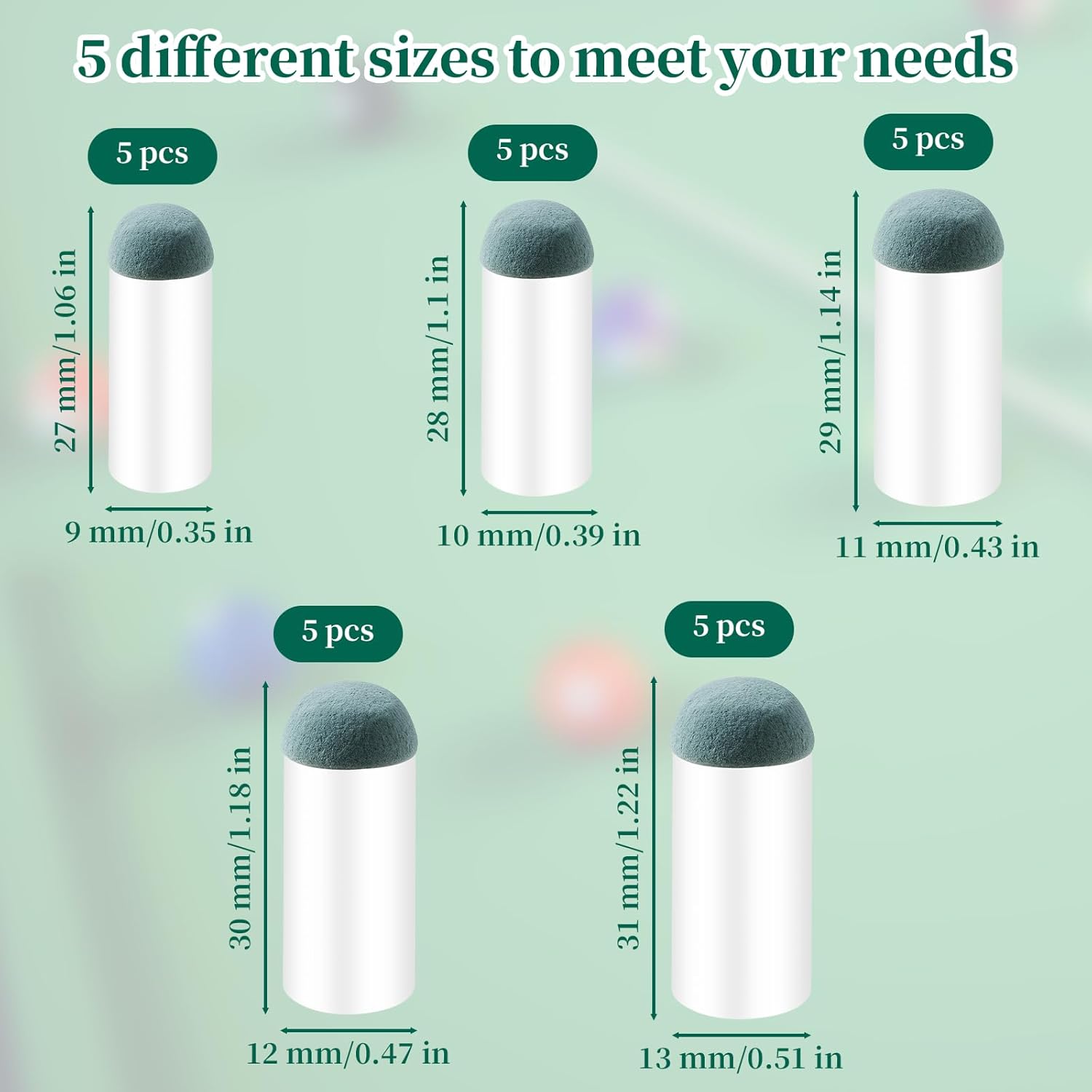 25PCS Slip On Pool Cue Tips, 9mm 10mm 11mm 12mm 13mm Pool Queue Stick Tips Replacement Kit, Billiard Cue Sticks Tips Pool Cue Repair Kit Pool Table Accessories, 5 Sizes