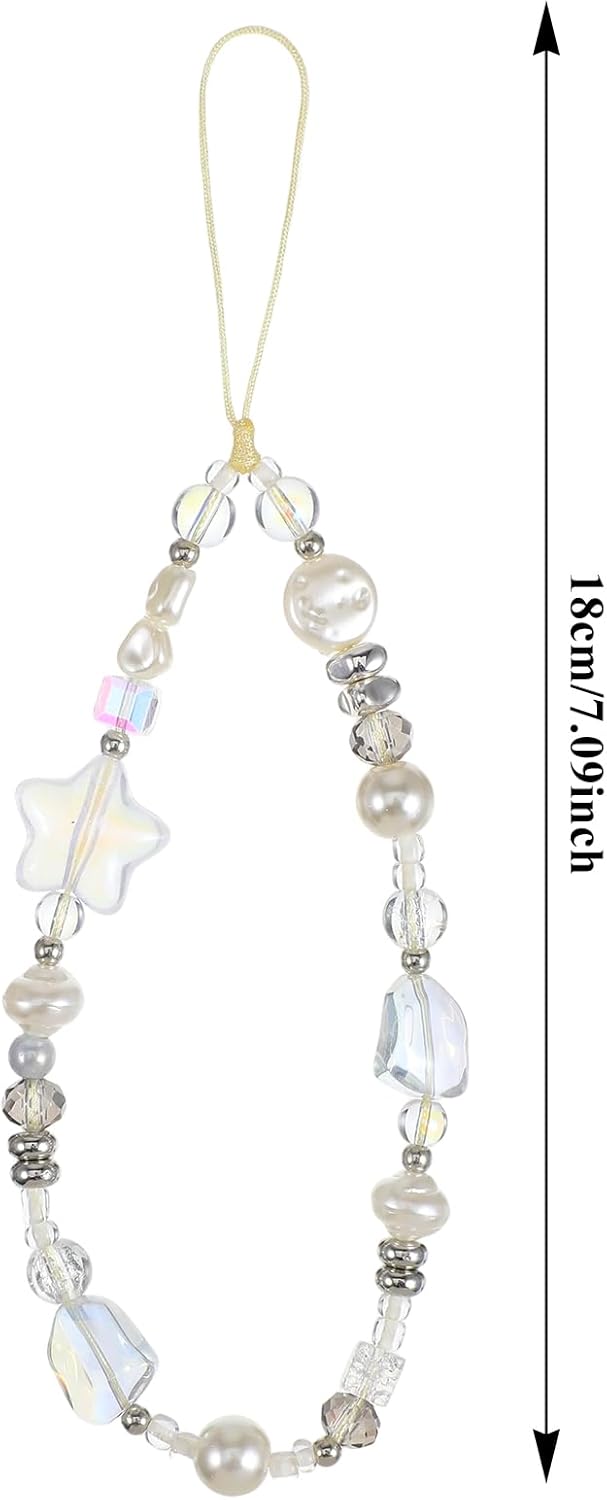 Beaded Camera Strap Wrist Cute Glass Beads Star Digital Phone Wrist Charms, Y2k Style Pearl Camera Charm Strap for Phone Case Bag Keychain Wallet Silver-White