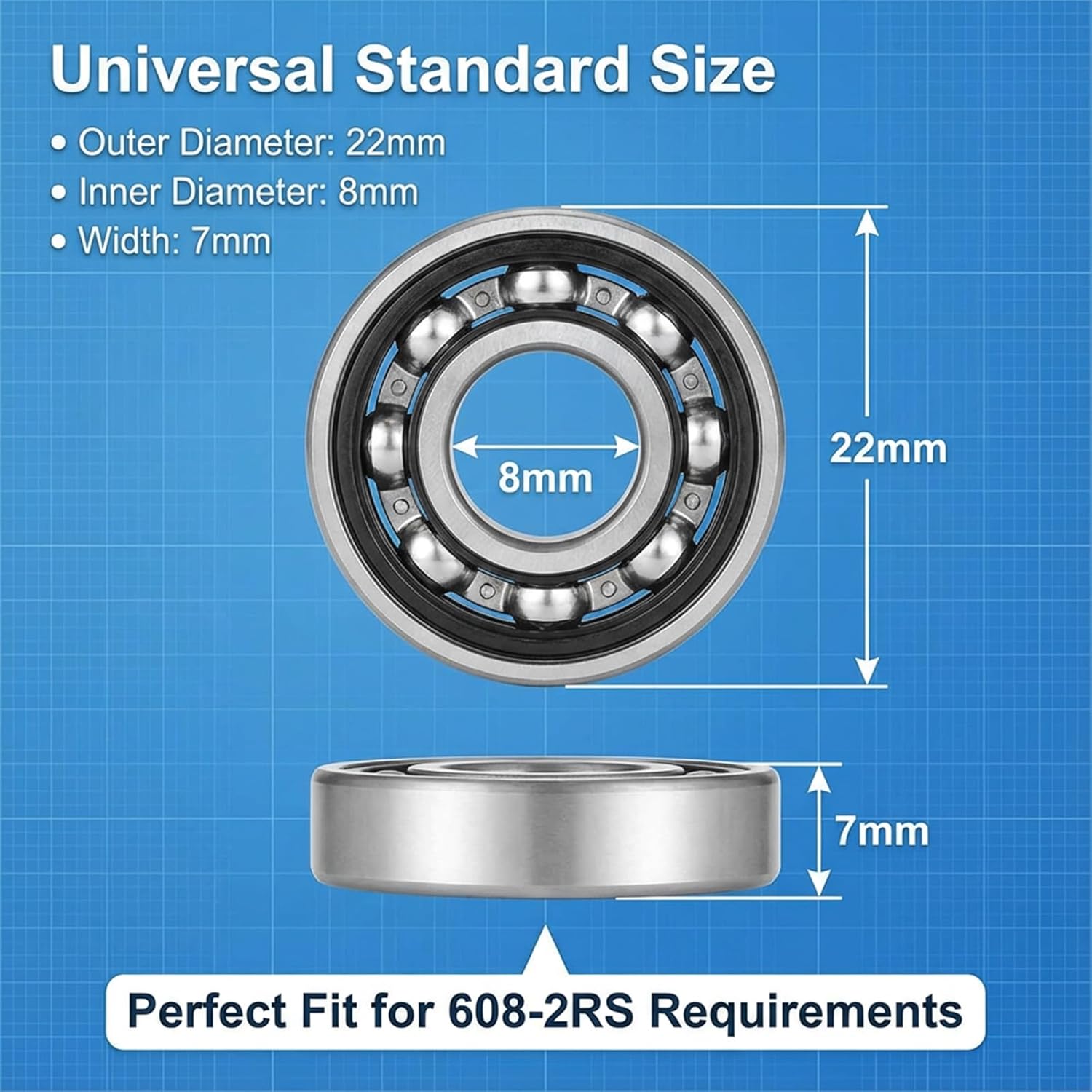 10 Pcs 608-RS Ball Bearing, Double Rubber Sealed Miniature Deep Groove Bearing Steel 608rs Bearings for Skateboards, Inline Skates, Scooters, Roller Blade Skates & Long Boards 8mm x 22mm x 7mm