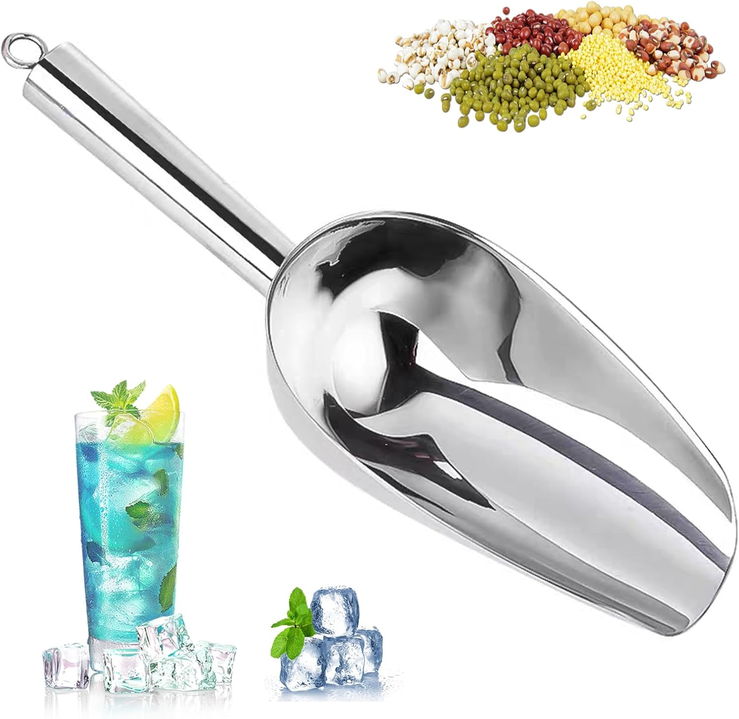 6oz Metal Ice Scoop, Kitchen Ice Scooper for Ice Maker s and Freezer, Stainless Steel Small Ice Scooper for Bar Party Wedding Pet Dog Food, Silver
