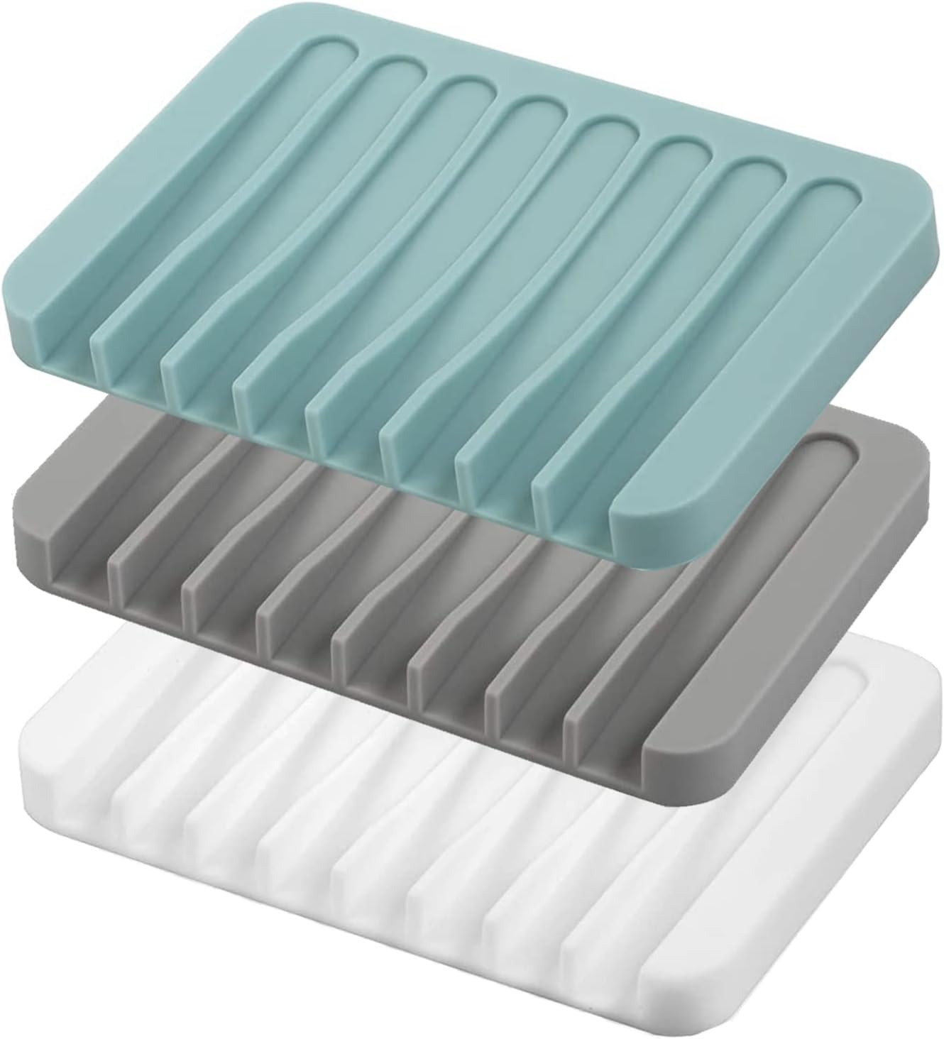 Self Draining Soap Dishes, 3 Pcs Silice Soap Saver, Waterfall Drainer Soap Holder for Bathroom, Extend Soap Life, Keep Soap Bars Dry Clean & Easy Cleaning White, Gray, Teal
