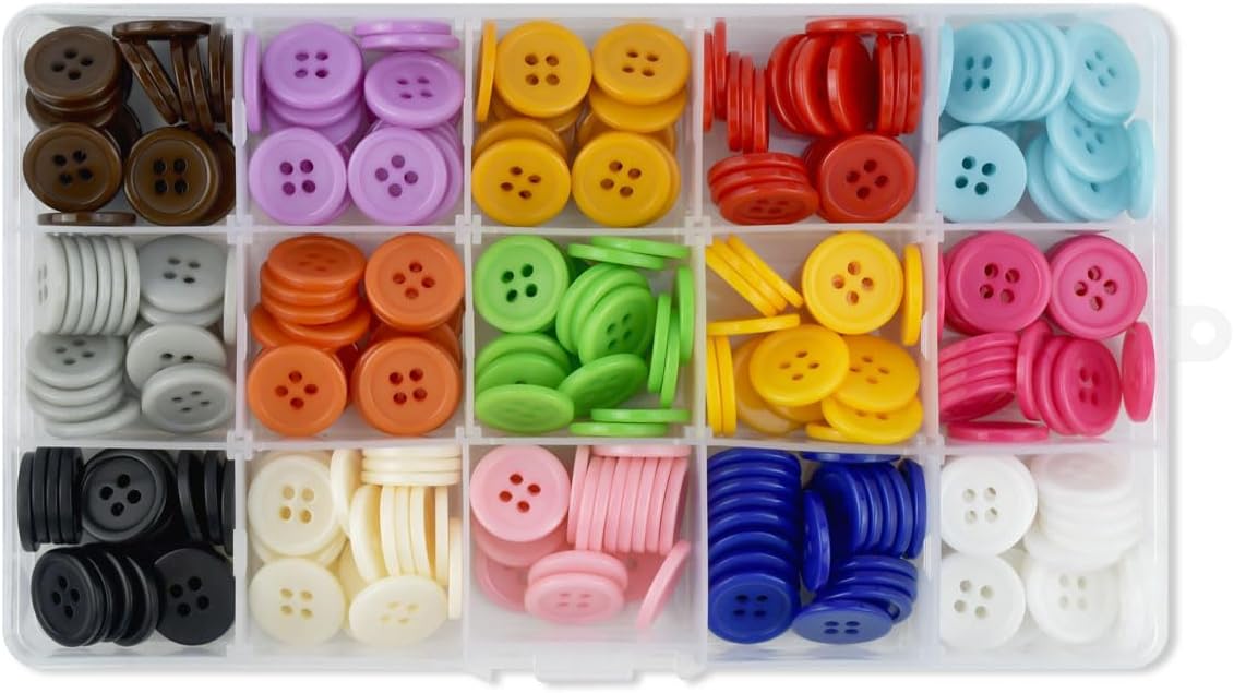 300 Pack Colorful Buttons for Craft DIY 15 Assorted Colors Resin Round Sewing Flatback Button with Box 4 Holes Crafts Mixed Color Manual Handmade Ornament 15mm