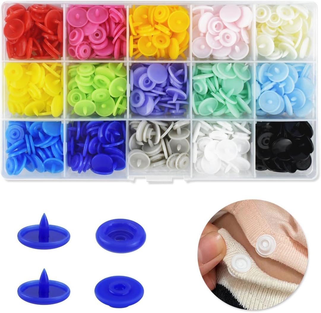 150 Sets Plastic Snaps Fasteners T5 Resin Snap Buttons Kit for Clothing Sewing Crafting No-Sew Round with Storage Organizer Crafts Cloth Diaper Bibs Bags 15 Colors