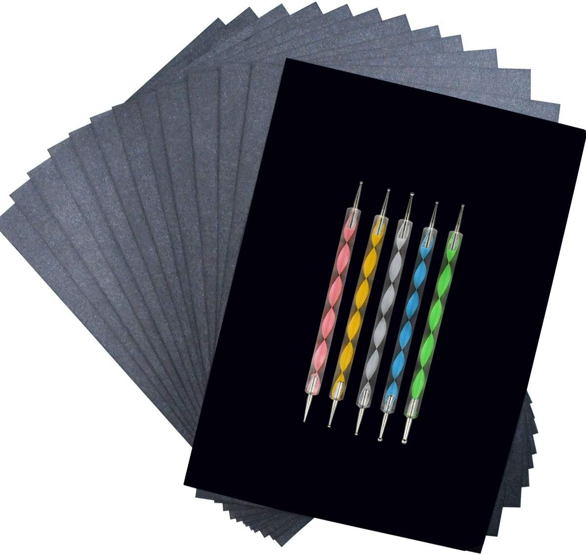 100 Sheets Carbon Transfer Paper Tracing for DIY Wood Working Canvas and Other Art Craft Surfaces Graphite & 5 Pieces Ball Embossing Stylus Black 8.3 x 11.7 Inches