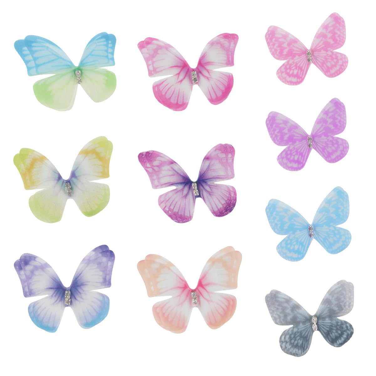 30 Pieces Colorful Organza 3D Lace Wings Wall Decoration for Crafts, Wedding, Party, and Home Decor 10 Styles, 2 Layers Appliques