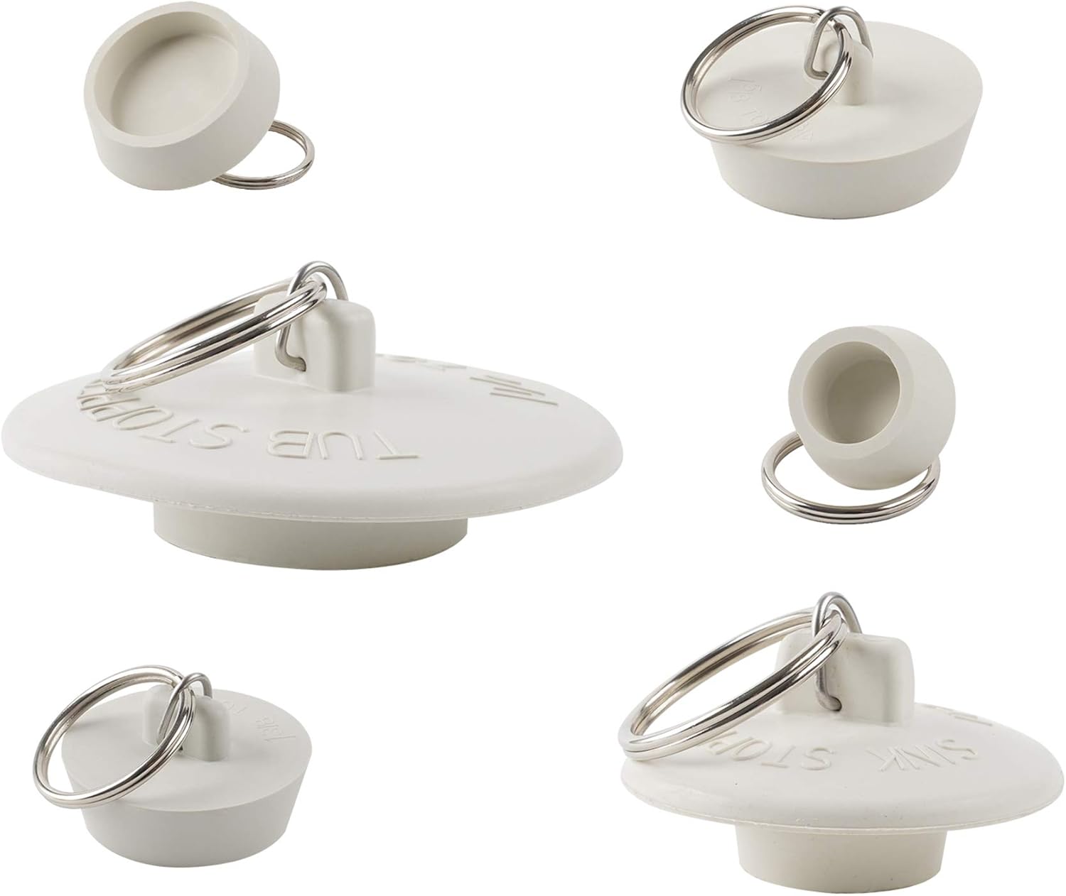6 Pieces Drain Stopper, Rubber Kitchen Sink Drain, Sink Stopper Drain Plug with Pull Ring for Kitchen, Bathtub, Bathroom and Laundry Sink in 6 Different Sizes, White