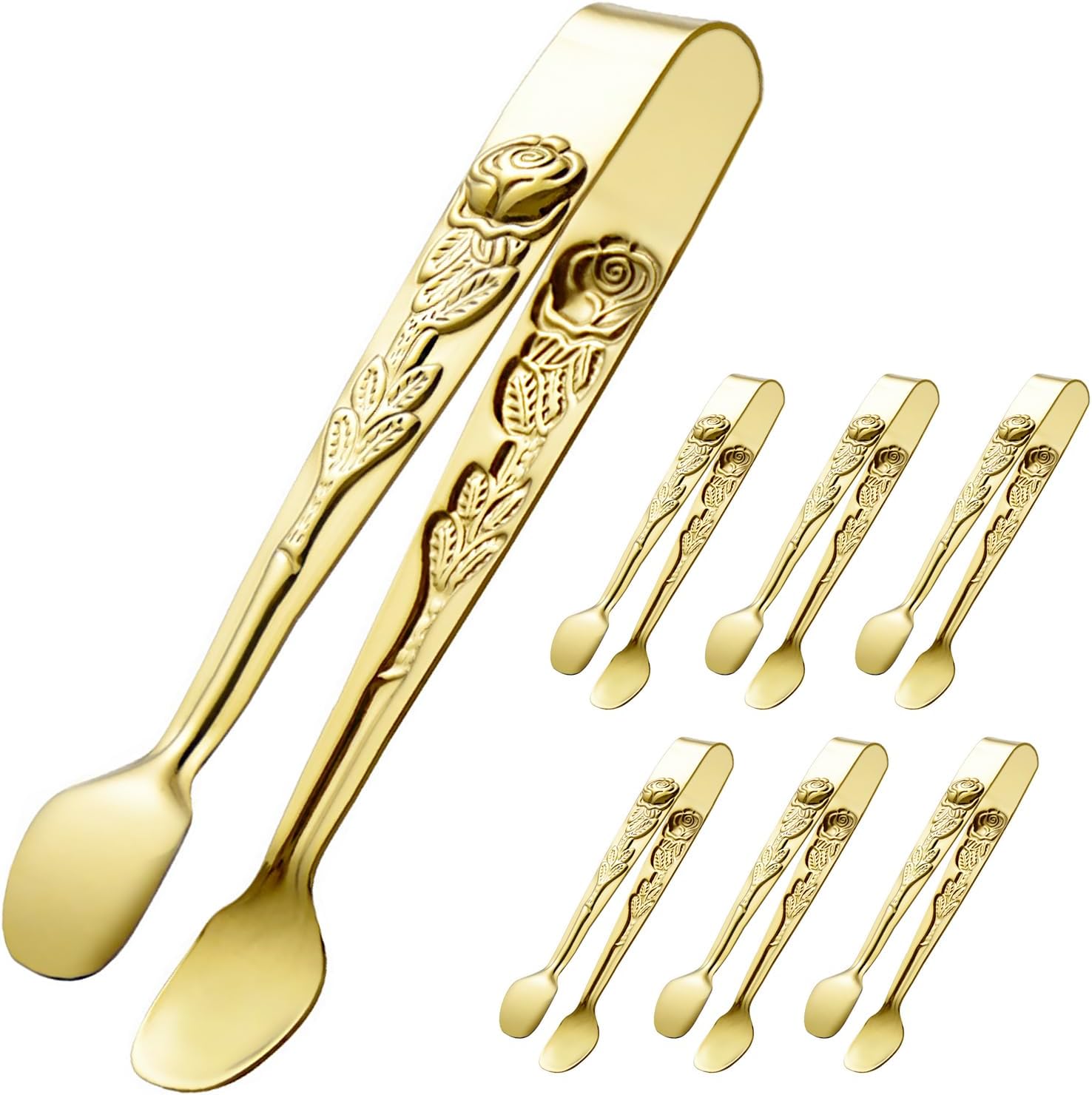6PCS Mini Serving Tongs 5-Inch Small Rose Sugar Cube Appetizer Tongs, Tiny Metal Tong for Tea Party, Coffee Bar, Desserts Gold