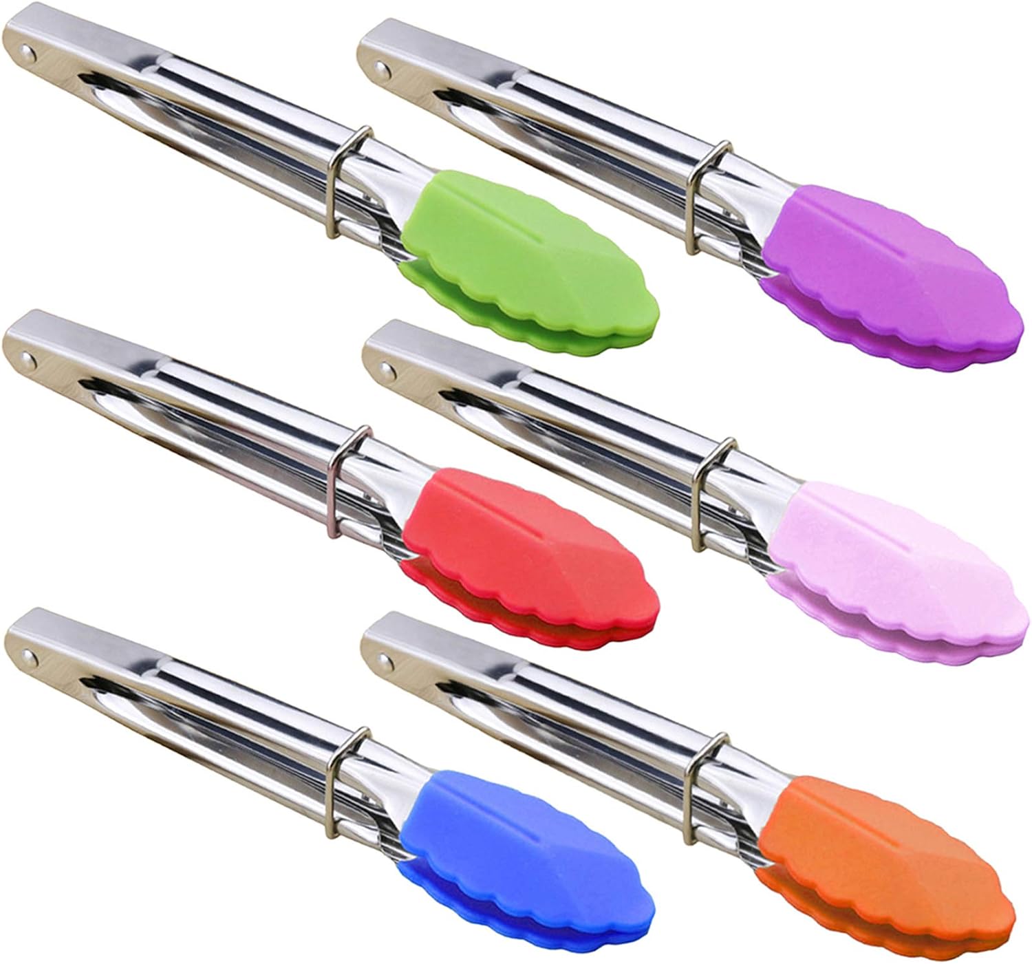 Small Tongs with Silicone Tips 7-Inch Mini Serving Tongs, Set of 6 Green Red Blue Purple Pink Orange