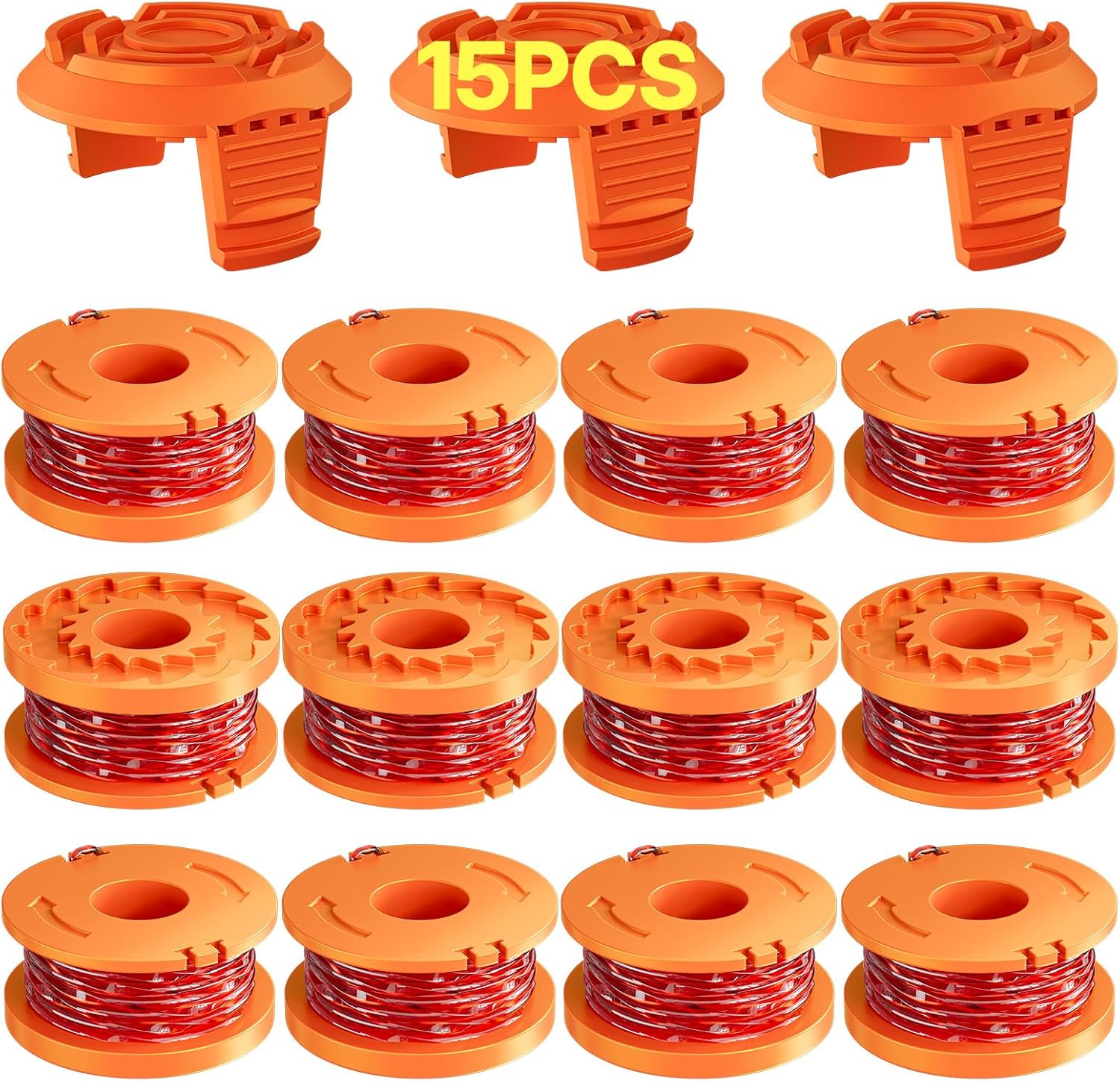 15 Pack WA0010 Replacement Trimmer Line Spool Compatible with Worx Weed Eater, 0.065 inch Trimmer Line Refills for Worx Trimmer,Weed Wacker String Replacement Parts 12 Trimmer Spools,3 Trimmer Caps