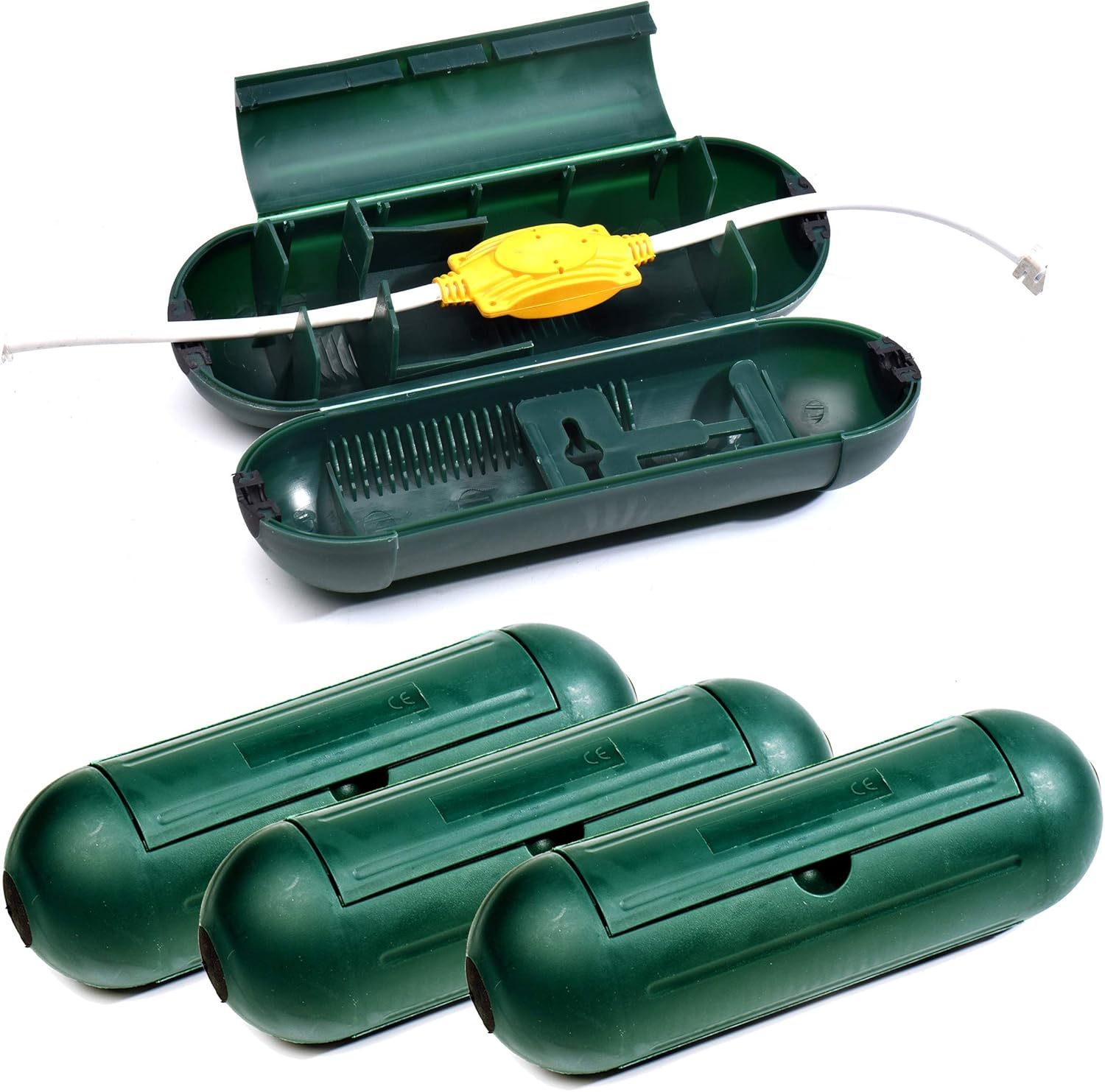 4 Pack Extension Cord Protective Cover Set Green | Indoor Outdoor Water-Resistant Holder for Holiday String Lights, Plugs and Wires | Capsule Shaped Protector with Large Compartment