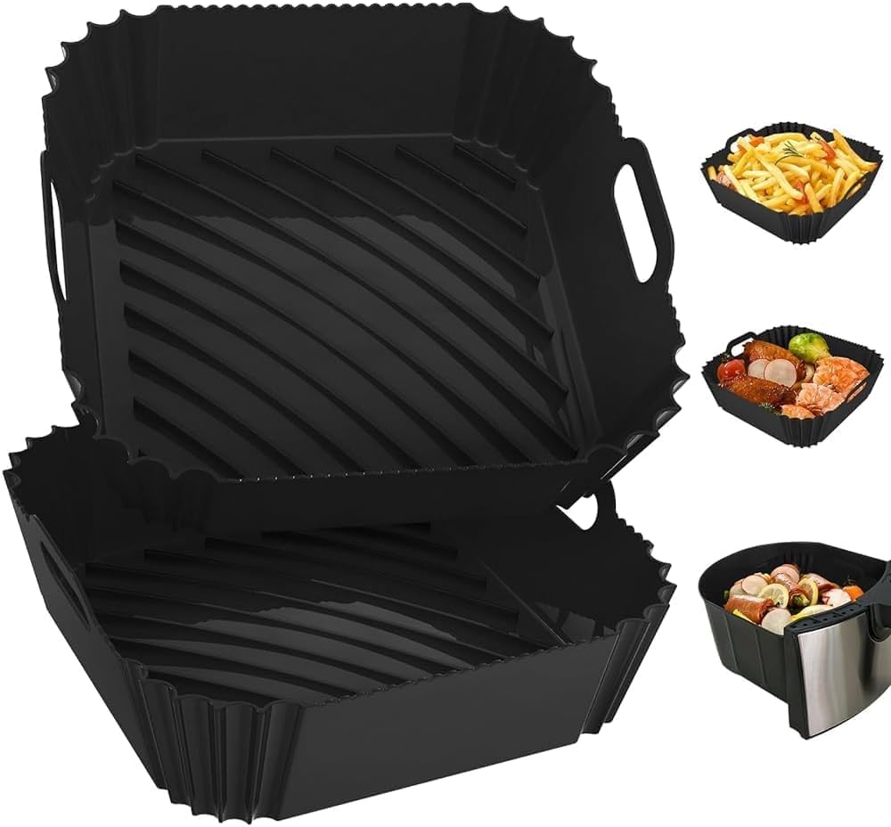 Silicone Air Fryer Liners Reusable, 7.1 Inch Airfryer Liners 4-7 QT Square Air Fryer Basket Mat Silicone Bowl Air Fryer Accessories, Black, 2 Pack