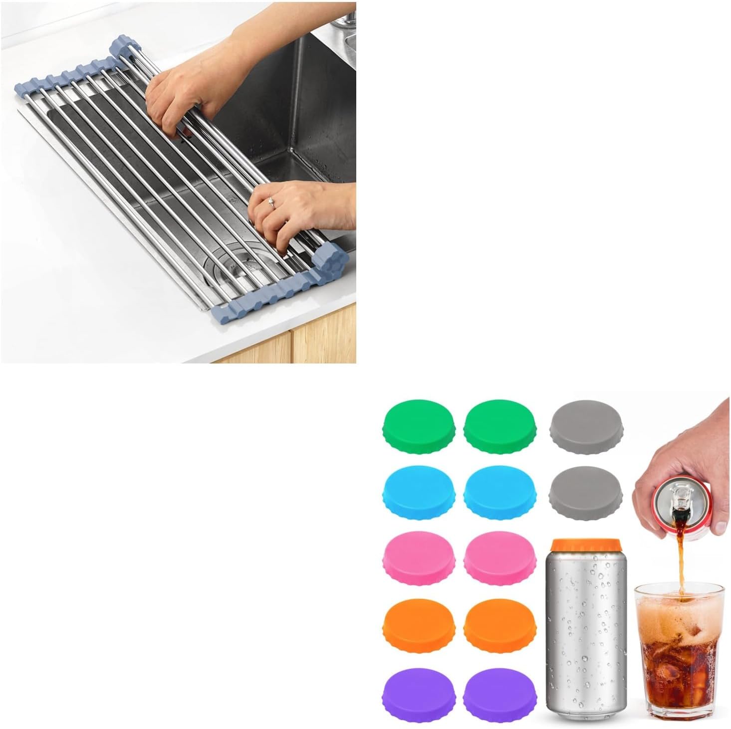 Over The Sink Dish Drying Rack, Roll Up Dish Drying Rack Kitchen Dish Rack + Silicone Soda Can Cover Lids, Reusable Soda Can Lids Beer Can