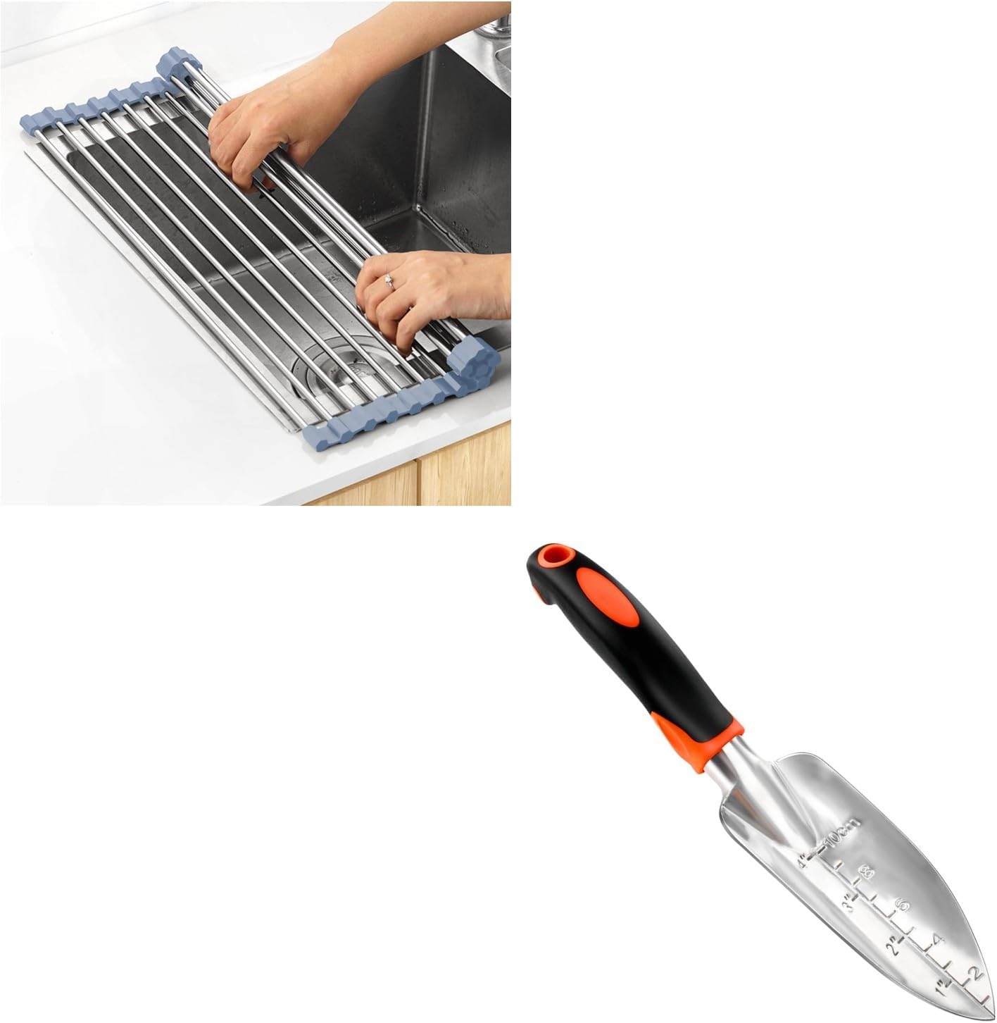 Over The Sink Dish Drying Rack, Roll Up Dish Drying Rack + Garden Shovel Trowel Garden Tool with Measurement Mark