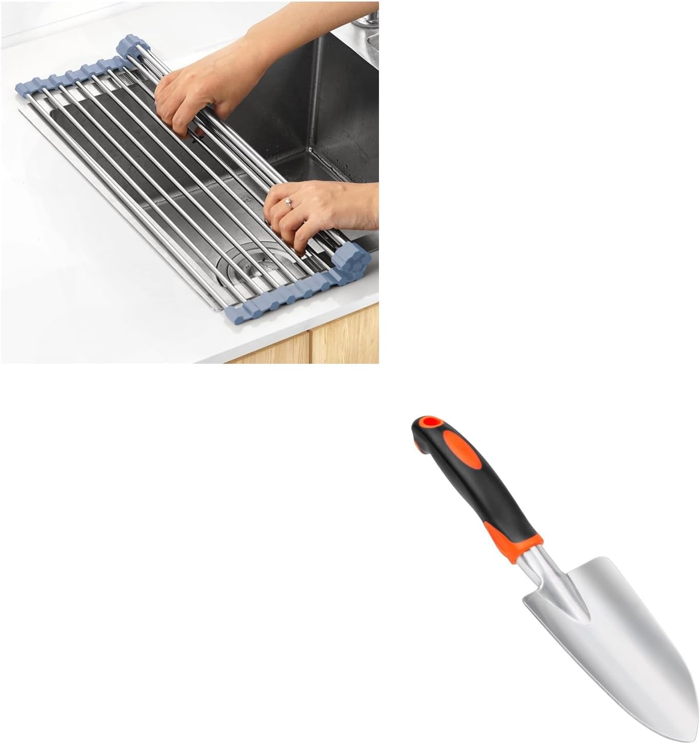 Garden Shovel Garden Hand Trowel, Heavy Duty Hand Shovel with Ergonomic Handle + Over The Sink Dish Drying Rack, Roll Up Dish Drying Rack Kitchen Dish Rack