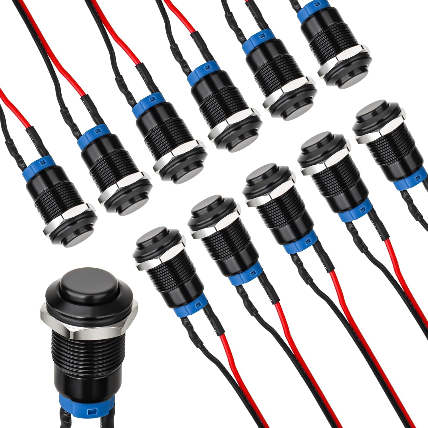 12mm Latching Push Button Switch - Raised Head, Normally Open ON - Off, with Pre - soldered Cable, Aluminium Alloy Shell, for 12V/24V/36V/110V, Waterproof IP66, Without LED 10PCS