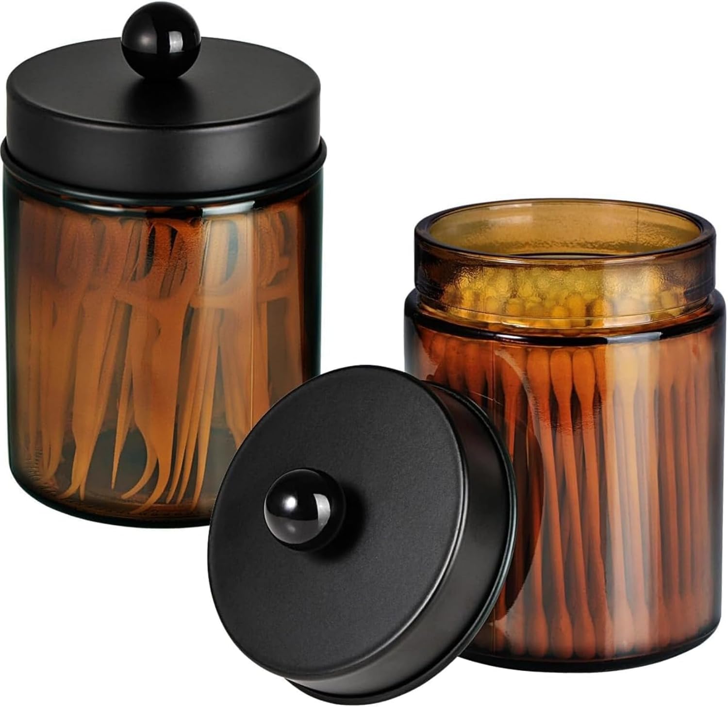 Amber Glass Qtip Holder, Apothecary Jars with Matte Black Metal Lid & Stickers-Bathroom Qtip Dispenser Storage Organizer Set,Vanity Counter Canister for Cott Swabs,Round Pads,Floss 2 Pack