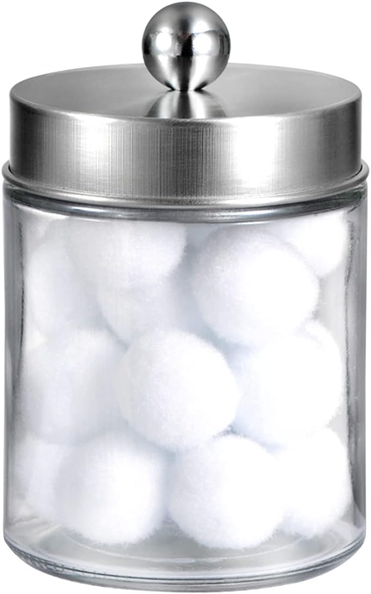 Apothecary Jars Bathroom Vanity Organizer -Countertop Canister Jar with Storage Lid - Qtip Dispenser Holder Glass for Qtips,Cott Swabs,Makeup Spges,Hair Band - Brushed Nickel 1 Pack