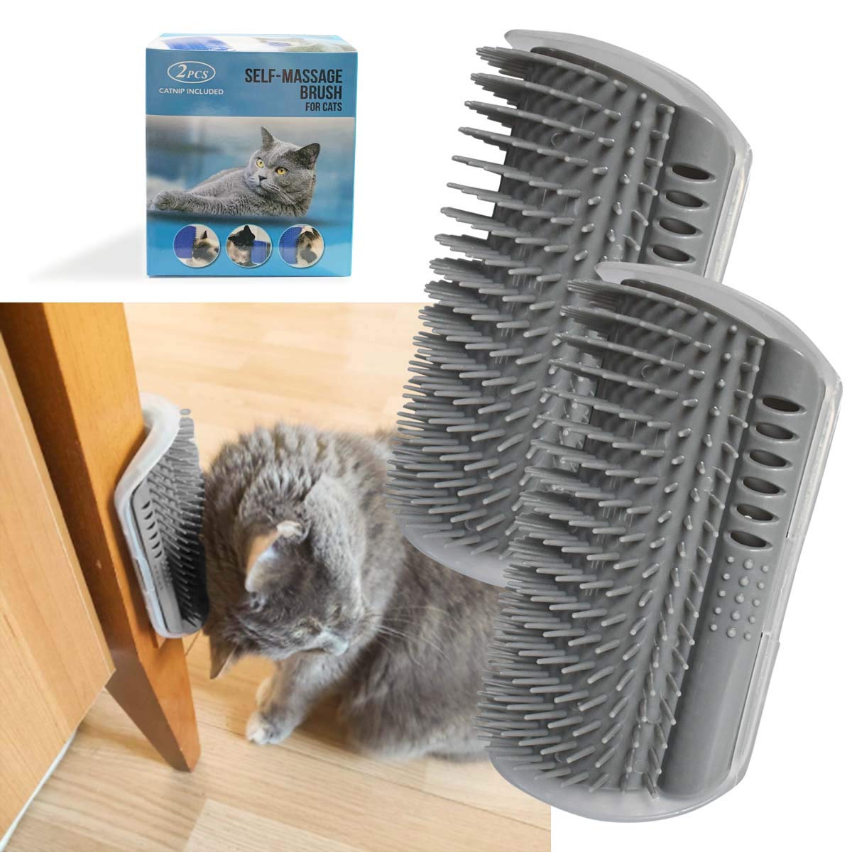 2 Pack Softer Self Groomer with Catnip Wall Corner Massage Comb Scratcher Grooming Brush Tool for Long & Short Fur Kitten Cats Dogs Gray
