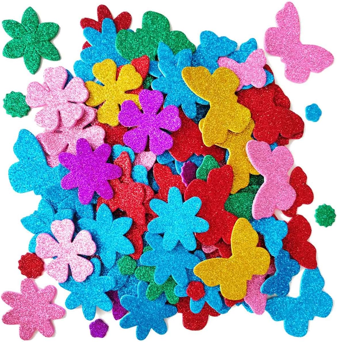 Glitter Foam Flower and Butterfly Shapes Stickers, Self-Adhesive Stickers Kid's Arts Crafts Supplies for Greeting Cards DIY Scrapbooking Creative Toys Home Decoration Random Colors