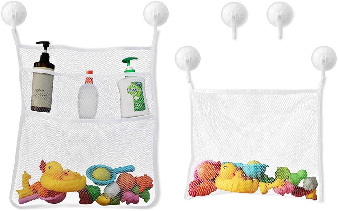 Petluno Bath Toy Organizer Mesh Storage Baby Shower Toys Bathtub Net Bag Kids Quick Dry Holder 2 X Bathroom & 6 Strong Suction Hooks White