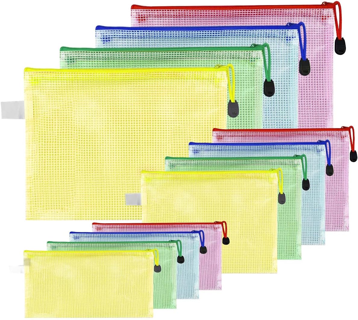 12 Pack Document Zipper Pouch Travel File Mesh Bags A4 A5 A6 Size School Office Supplies Colors Plastic Bag for Storage Waterproof Zip Folders Cosmetics Pouches Letter Pencil PVC Organizing Home