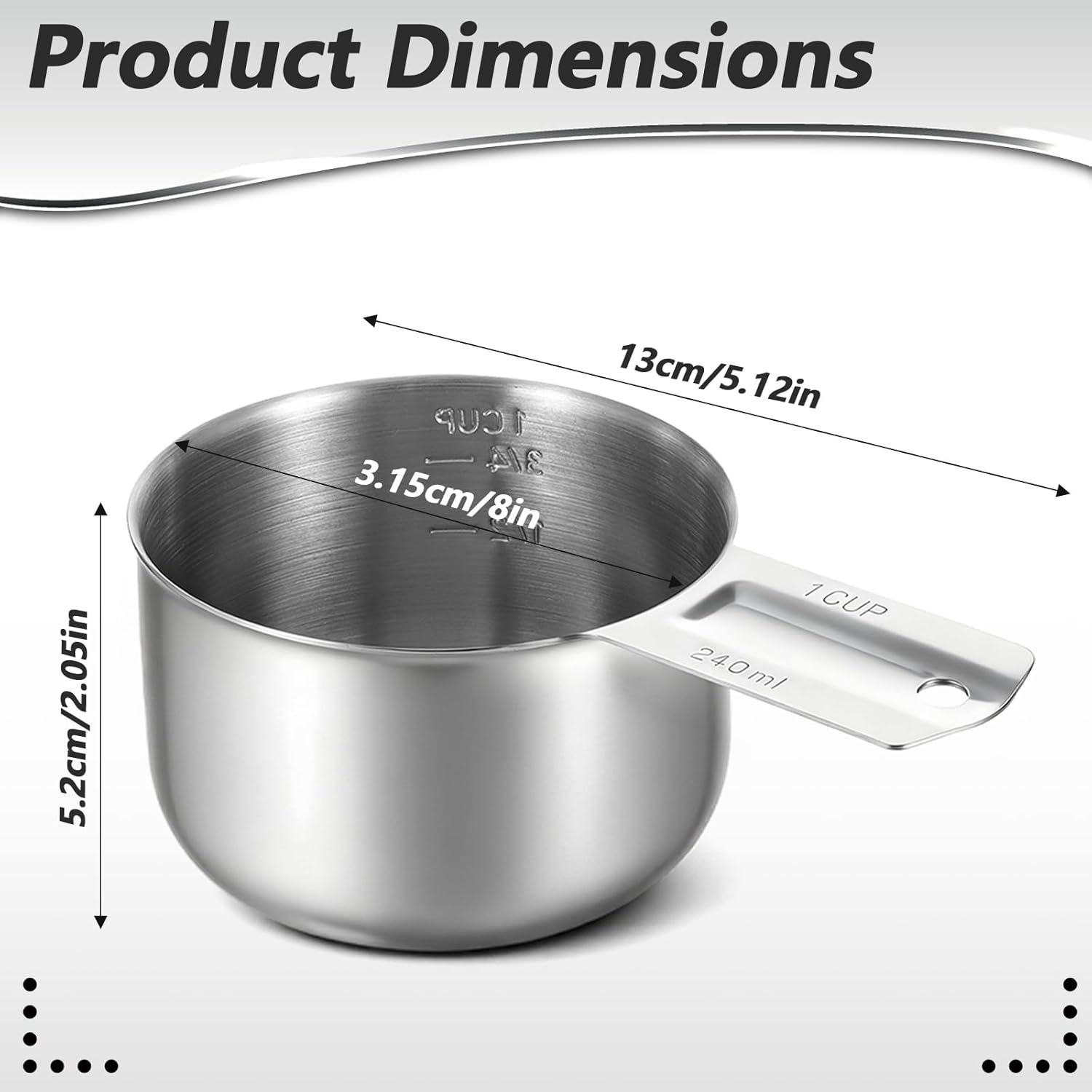 Xindojuz 1 Cup Single Stainless Steel Measuring Cup, Etched Inner Scale Metal Measure Scoop for Cooking Baking, Laundry Detergent, Wet and Dry Ingredients, Dishwasher Safe 240 ml, 8 oz