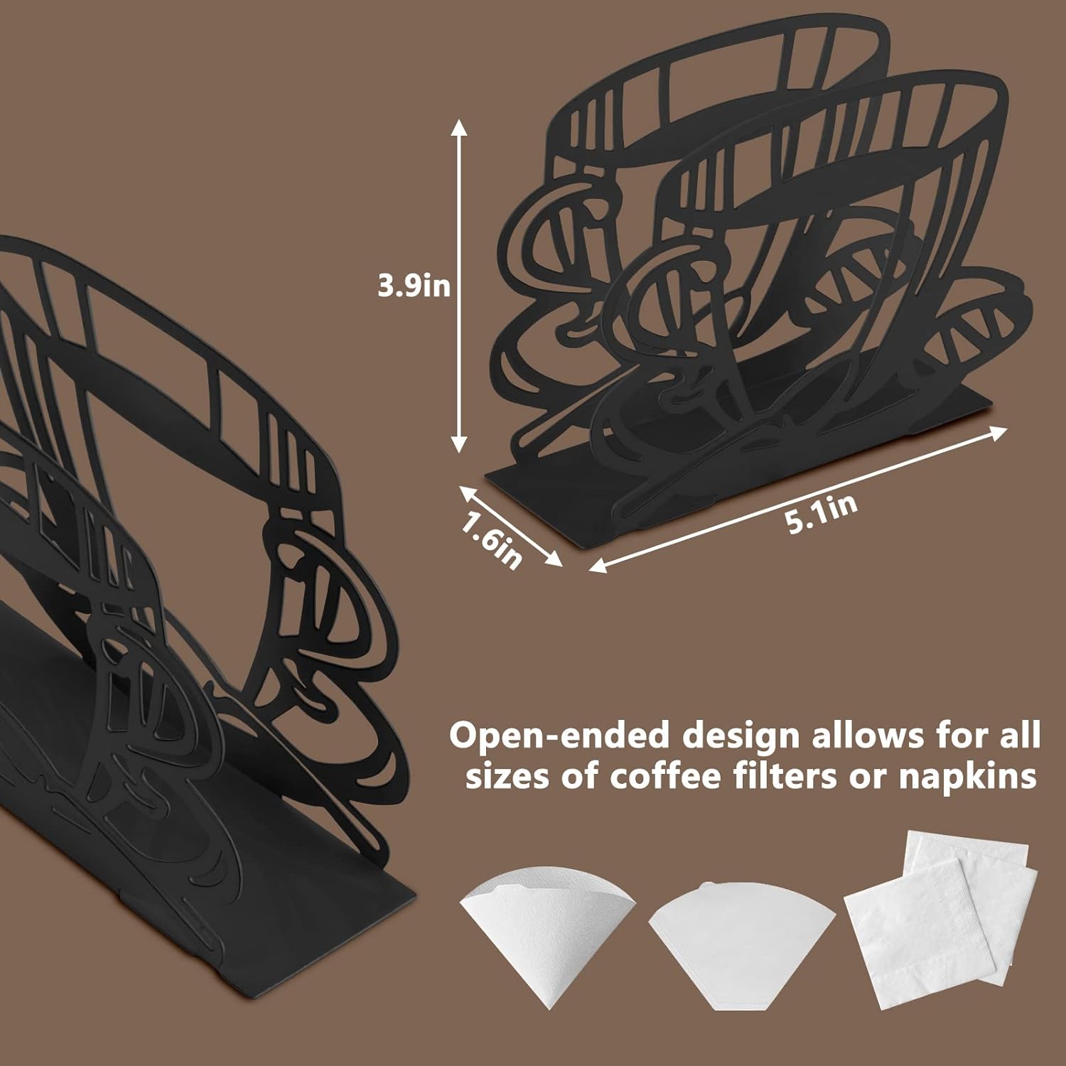 Metal Coffee Filter Stand - Holder & Rack for Coffee Filters, Paper Towels & Napkins - Vertical, Cone & Square Shaped Black
