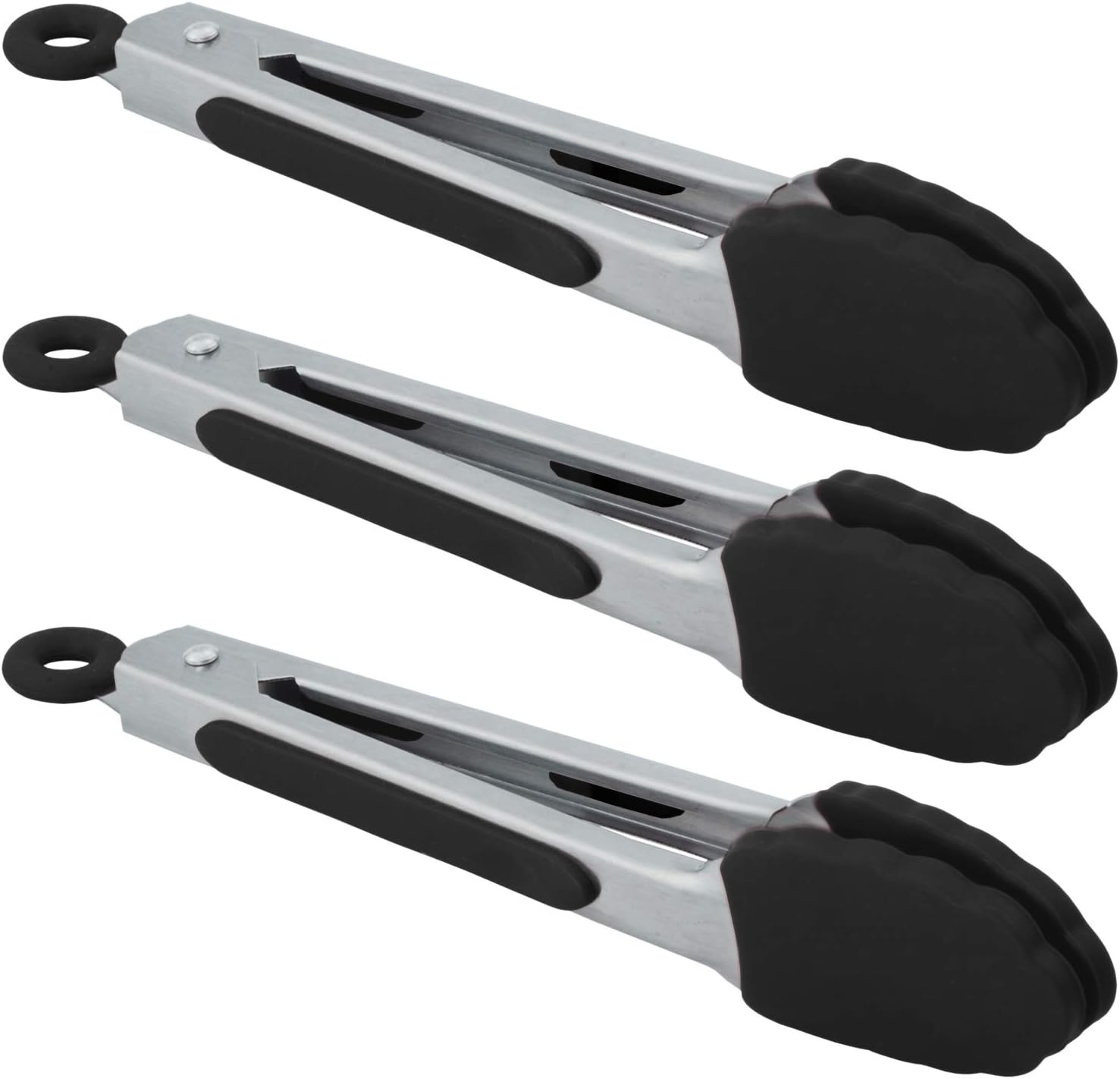 Small Serving Tongs with Silicone Tips 7 Inch Mini Stainless Steel Food Tongs, Set of 3 Black