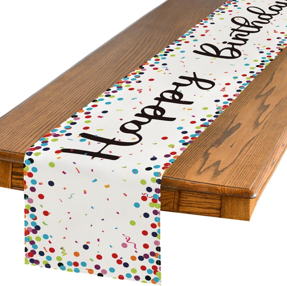 Polka Dot Beige Happy Birthday Table Runner, Seasonal Kitchen Dining Table Decoration for Home Party Decor 13x72 Inch