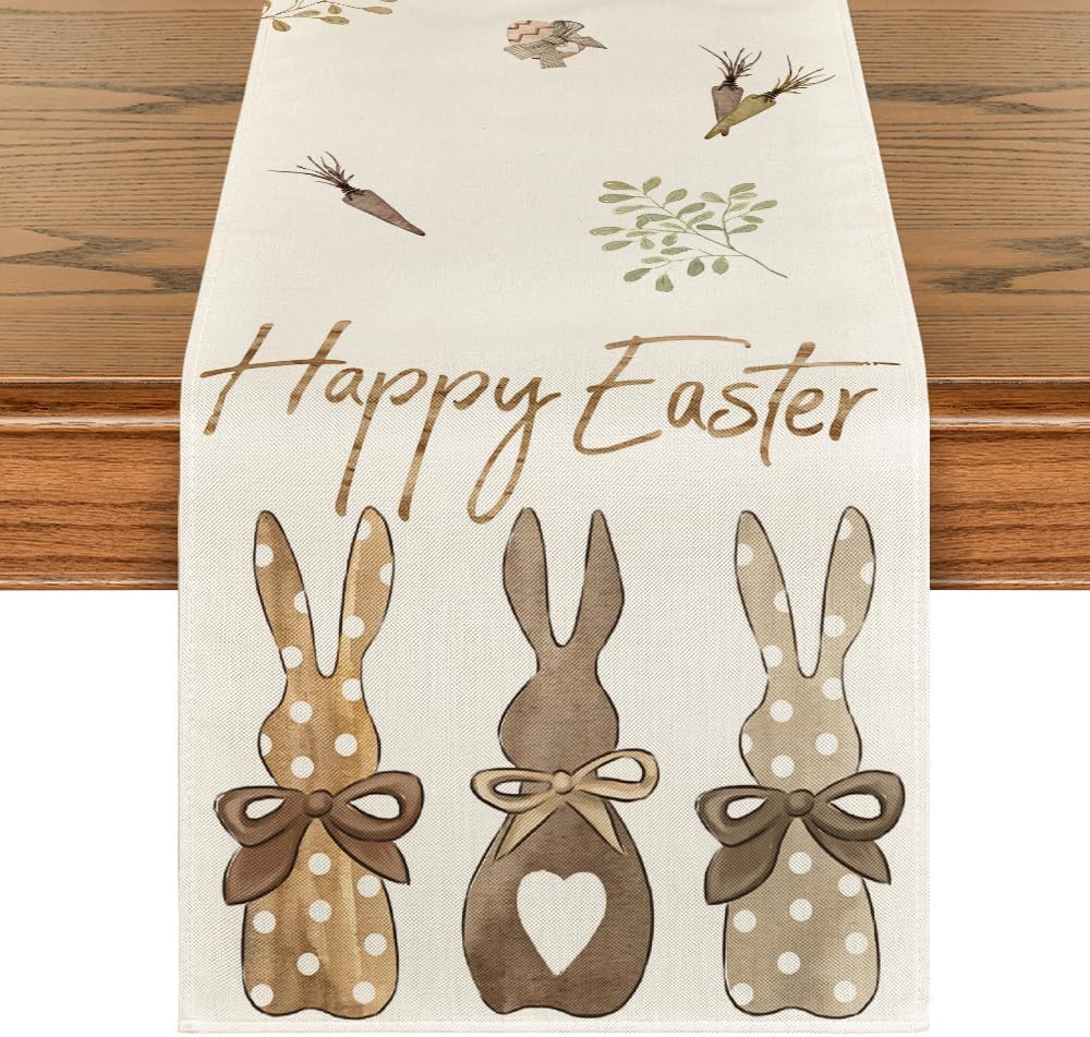Carrots Rabbit Bunny Happy Easter Table Runner, Spring Summer Seasonal Holiday Kitchen Dining Table Decoration for Indoor Outdoor Home Party Decor 13 x 72 Inch
