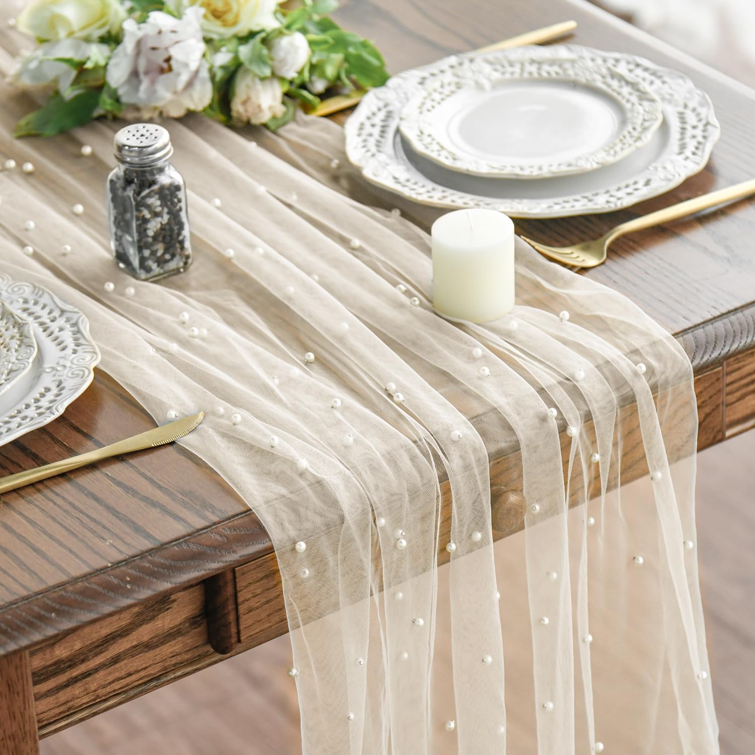 Pearl Beige Gauze Table Runner 120 Inch 10FT, Seasonal Sheer Dining Holiday Wedding Birthday Baby Shower Table Decor for Home Party