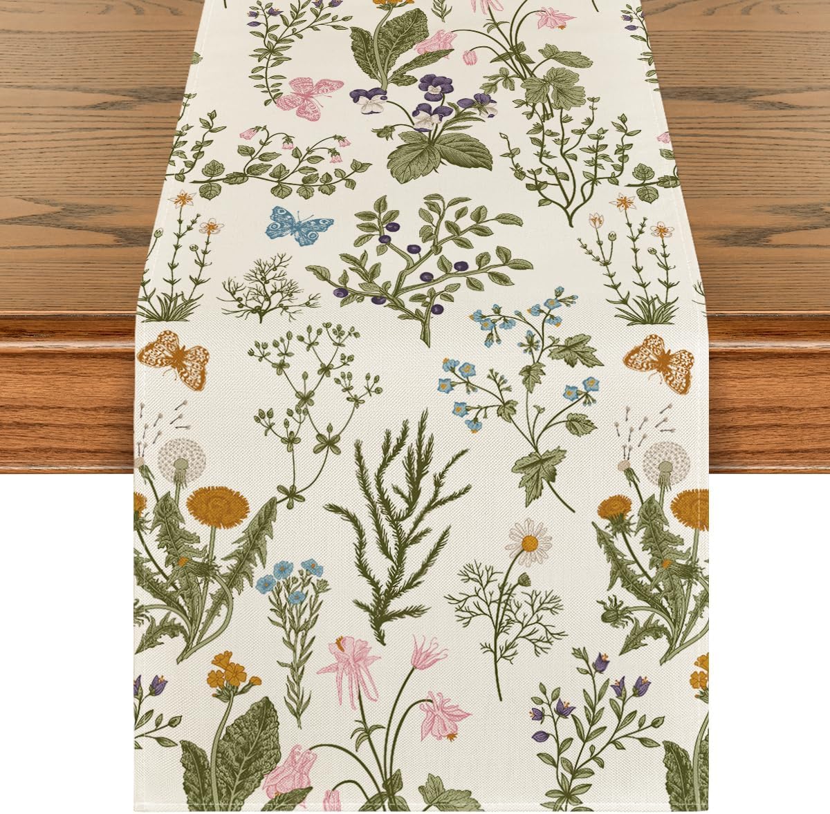 Wildflowers Floral Spring Table Runner, Seasonal Summer Butterfly Kitchen Dining Table Decoration for Home Party 13x72 Inch