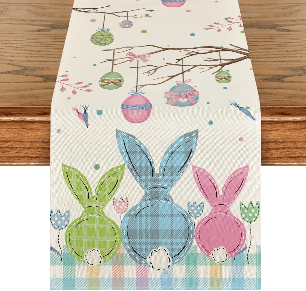 Buffalo Plaid Bunny Egg Carrot Easter Table Runner, Seasonal Spring Kitchen Dining Table Decoration for Home Party Decor 13x72 Inch