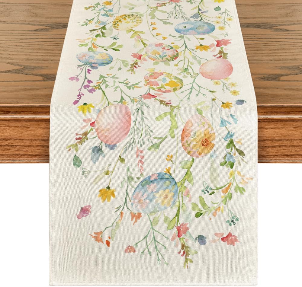 Wild Flowers Eggs Easter Table Runner,Seasonal Spring Floral Kitchen Dining Table Decoration for Home Party Decor 13x72 Inch