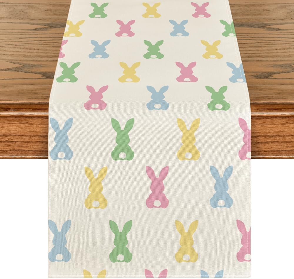 Green Pink Bunny Rabbit Easter Table Runner, Spring Kitchen Dining Table Decoration for Home Party Decor 13x72 Inch