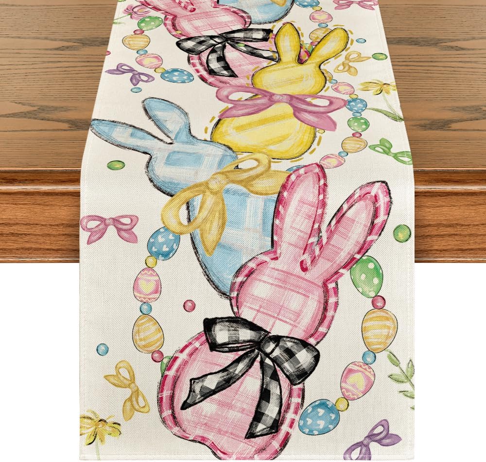 Floral Bow Bunny Rabbits Eggs Easter Table Runner, Seasonal Spring Kitchen Dining Table Decoration for Home Party Decor 13x72 Inch
