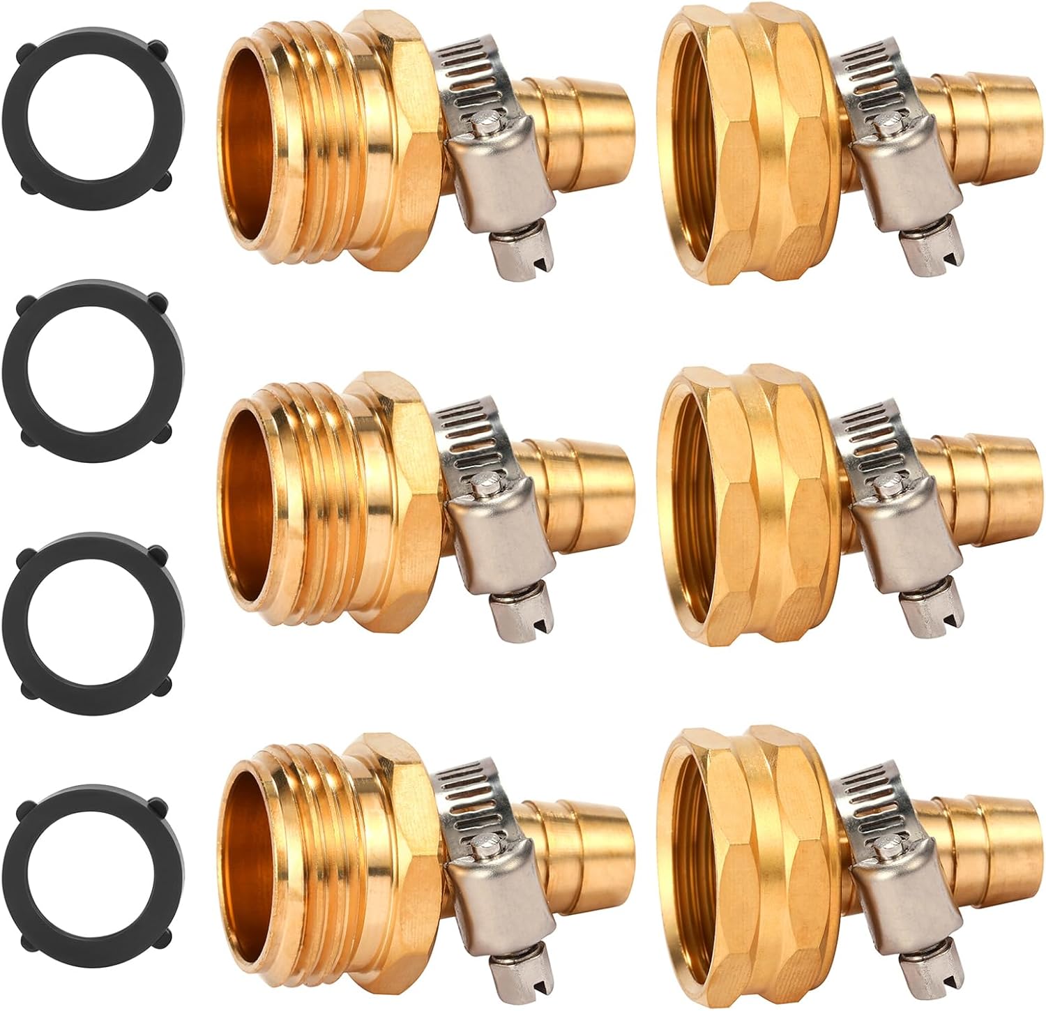 Brass Garden Hose Connector Repair Mender Kit with Stainless Clamp,Fits 1/2" Water Hose Fitting,3 Sets 1/2" Barb x 3/4" GHT