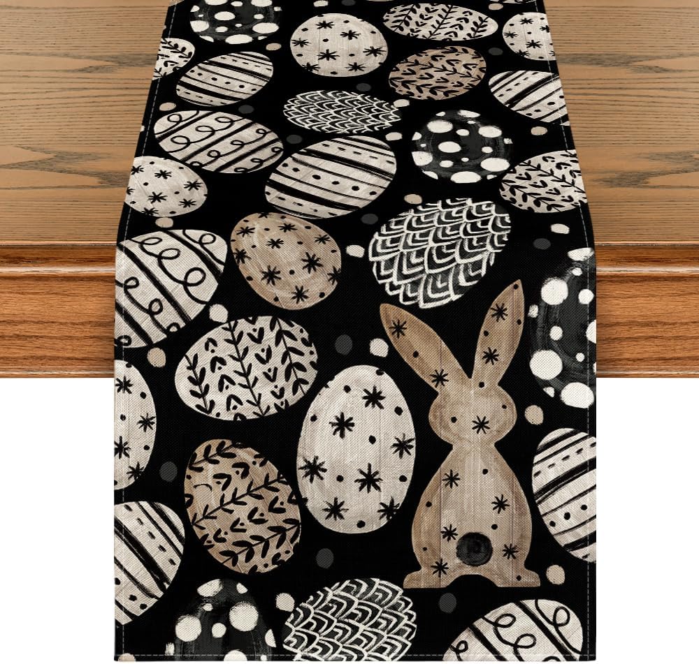 Bunny Rabbit Eggs Flowers Easter Table Runner, Seasonal Spring Kitchen Dining Table Decoration for Home Party Decor 13x72 Inch