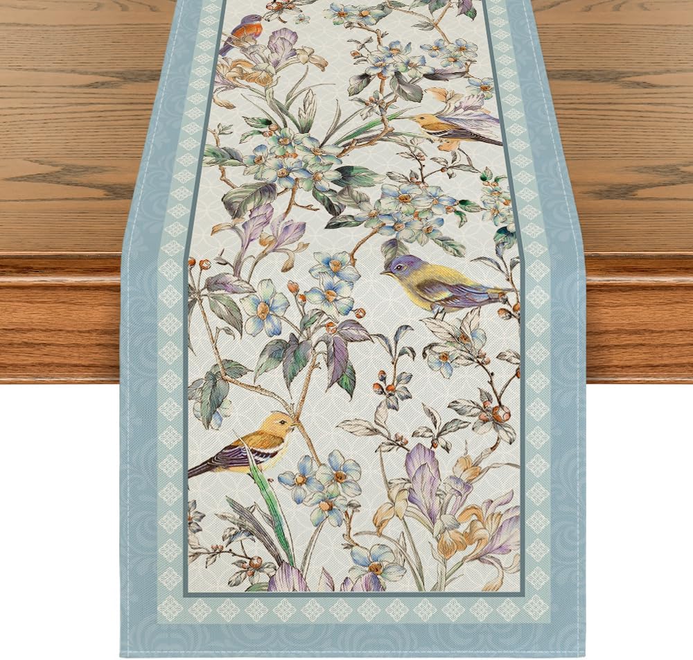 Blue Birds Flowers Blossom Table Runner, Seasonal Spring Floral Kitchen Dining Table Decoration for Home Party Decor 13x72 Inch