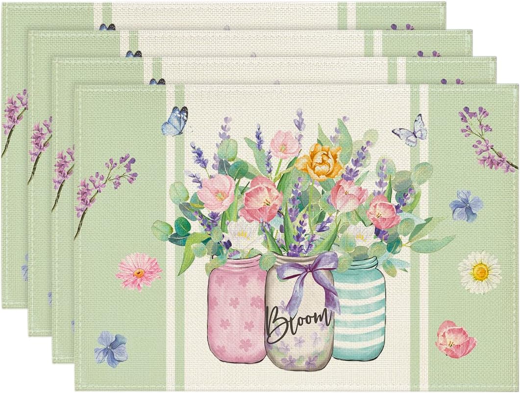 Bloom Vase Floral Spring Placemats Set of 4, 12x18 Inch Seasonal Table Mats for Party Kitchen Dining Decoration