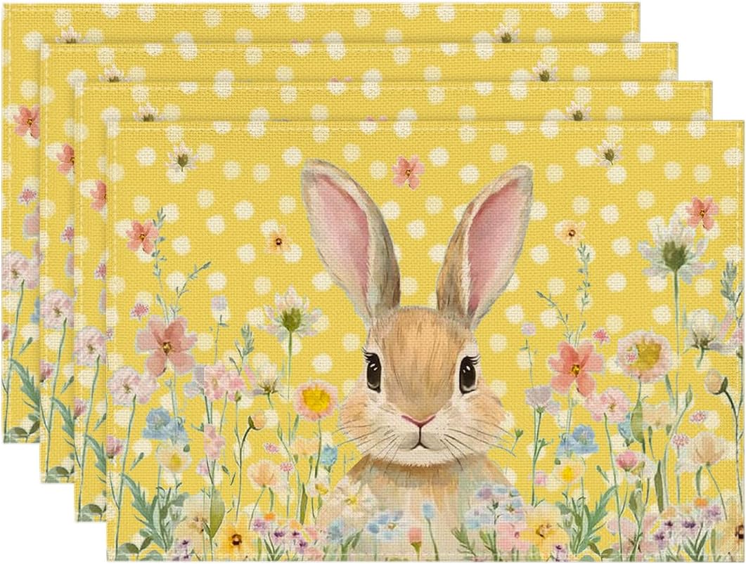 Yellow Bunny Polka Dot Easter Placemats Set of 4, 12x18 Inch Flower Seasonal Spring Holiday Table Mats for Party Kitchen Dining Decoration