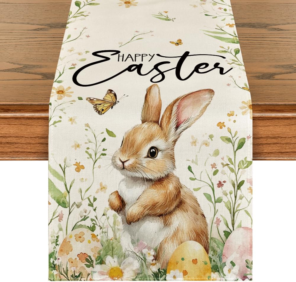 Bunny Rabbit Butterfly Eggs Flowers Easter Table Runner, Seasonal Spring Kitchen Dining Table Decoration for Home Party Decor 13x72 Inch
